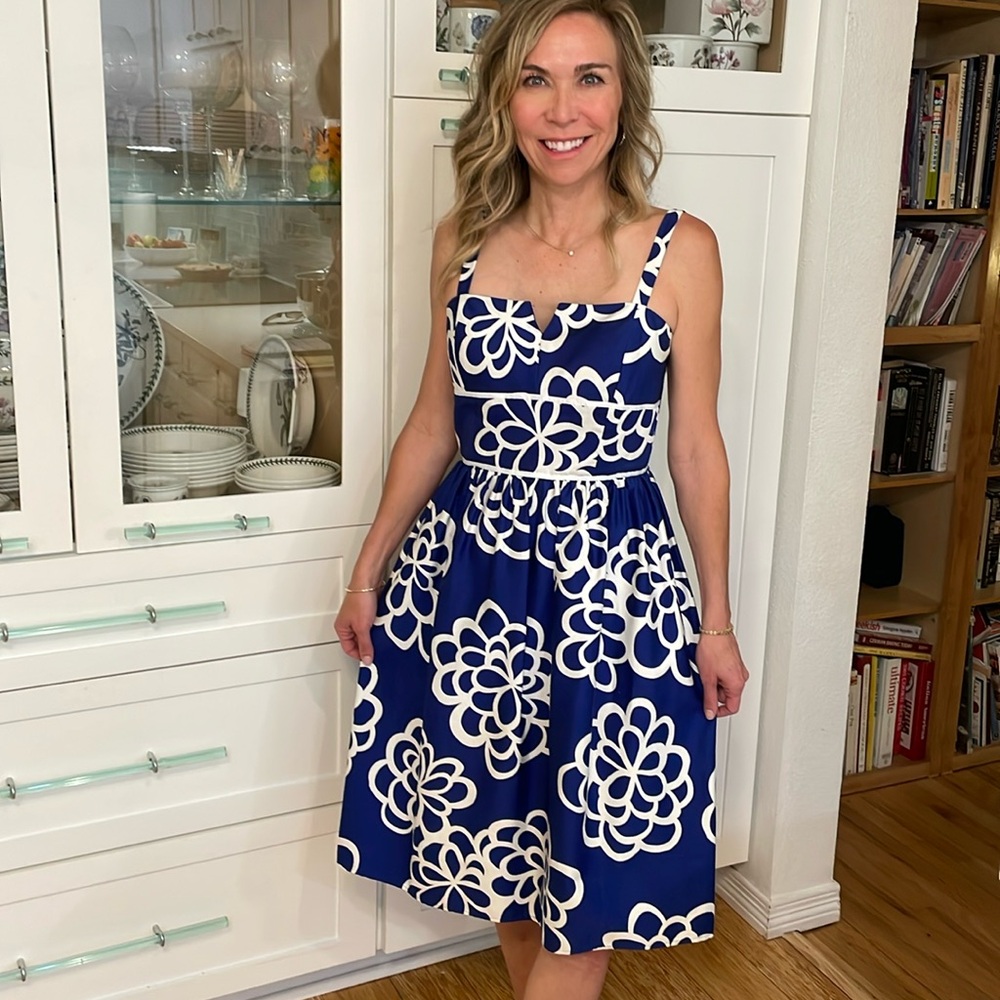 Cobalt blue and white modern floral print sundress.